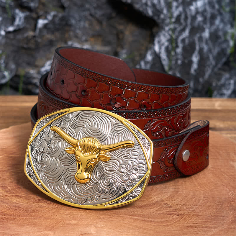 Native Golden DIY Longhorn Head Large Buckle Leather Belt  - Longhorn Head - Brown Carved Belt - 42 - image 7