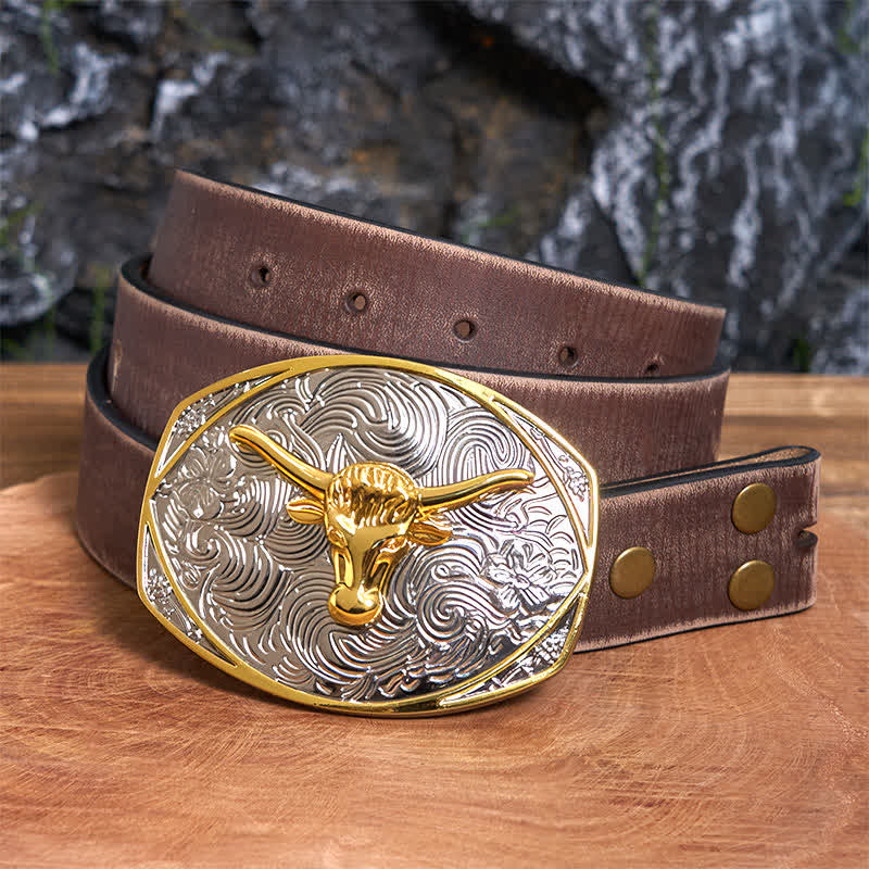 Native Golden DIY Longhorn Head Large Buckle Leather Belt  - Longhorn Head - Brown Distressed Belt - 42 - image 6