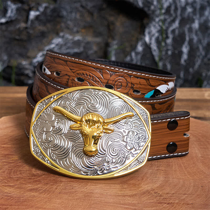 Native Golden DIY Longhorn Head Large Buckle Leather Belt  - Longhorn Head - Brown Feather Belt - 40 - image 8
