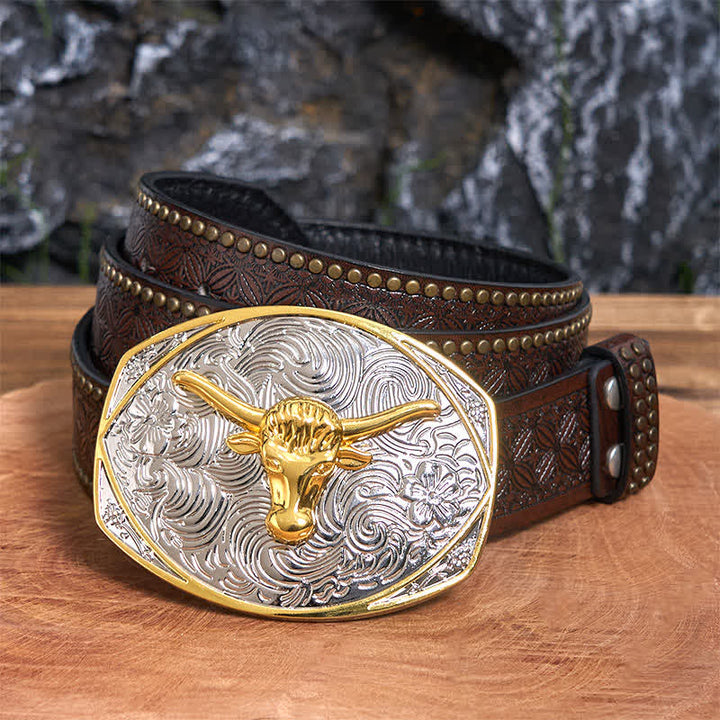 Native Golden DIY Longhorn Head Large Buckle Leather Belt  - Longhorn Head - Brown Rivet Belt - 42 - image 5