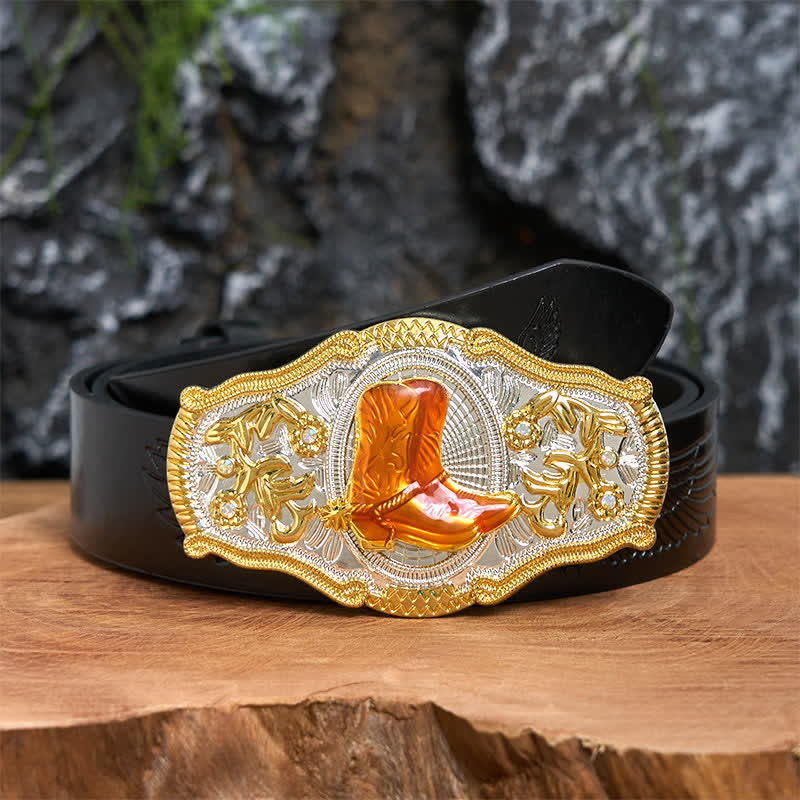 Gold & Orange Boots DIY West Large Buckle Leather Belt  - Boots - Black Embossed Eagle Belt - 42 - image 3