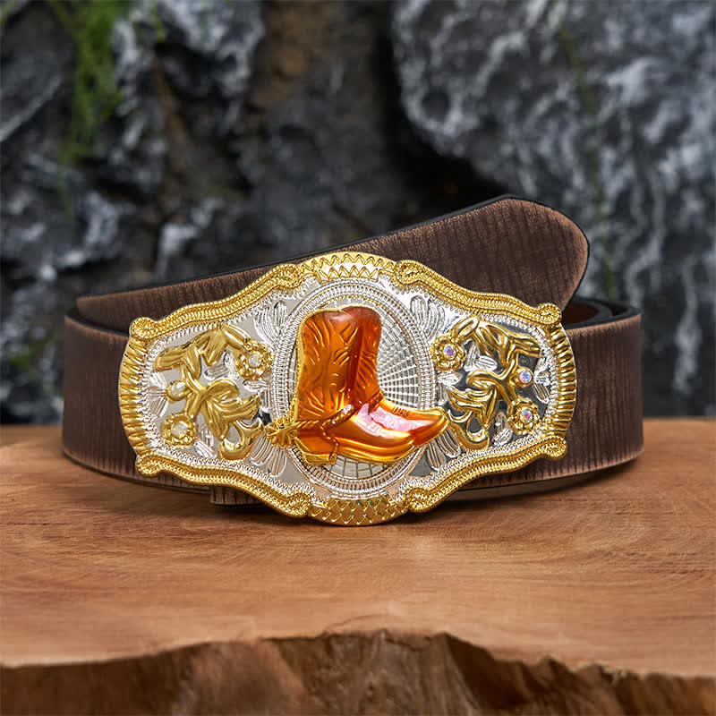 Gold & Orange Boots DIY West Large Buckle Leather Belt  - Boots - Brown Distressed Belt - 42 - image 6