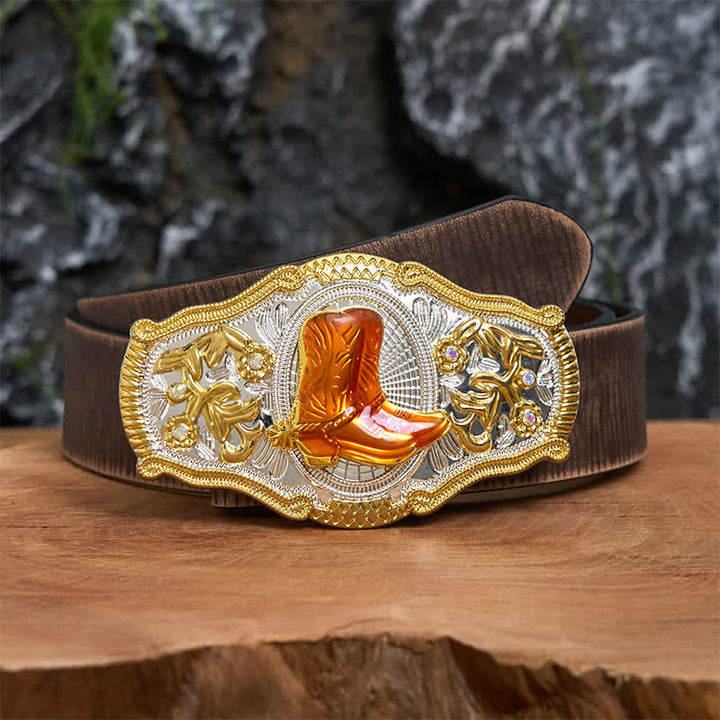 Gold & Orange Boots DIY West Large Buckle Leather Belt  - Boots - Brown Distressed Belt - 42 - image 6