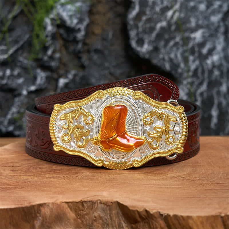 Gold & Orange Boots DIY West Large Buckle Leather Belt  - Boots - Brown Carved Belt - 42 - image 7