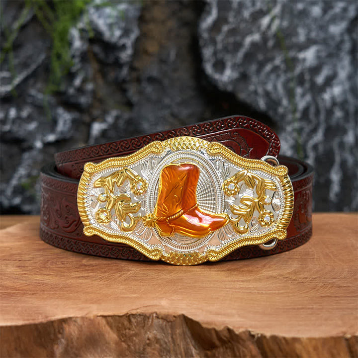 Gold & Orange Boots DIY West Large Buckle Leather Belt  - Boots - Brown Carved Belt - 42 - image 7