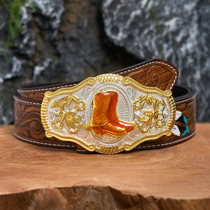 Gold & Orange Boots DIY West Large Buckle Leather Belt  - Boots - Brown Feather Belt - 40 - image 8