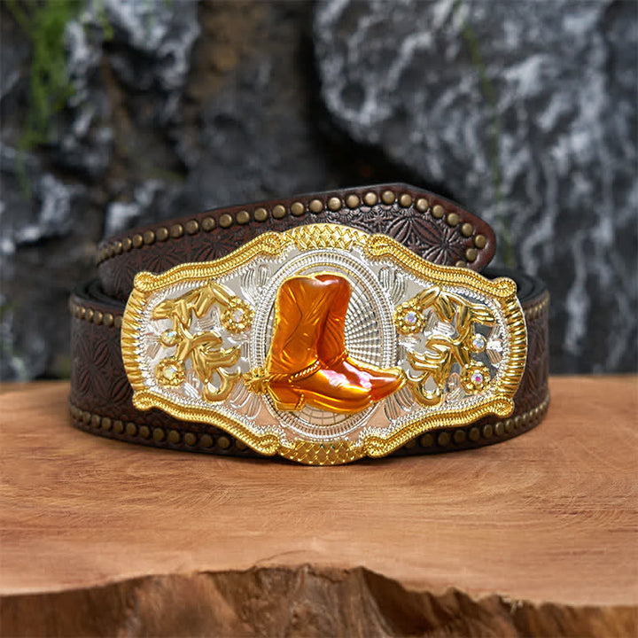 Gold & Orange Boots DIY West Large Buckle Leather Belt  - Boots - Brown Rivet Belt - 42 - image 5
