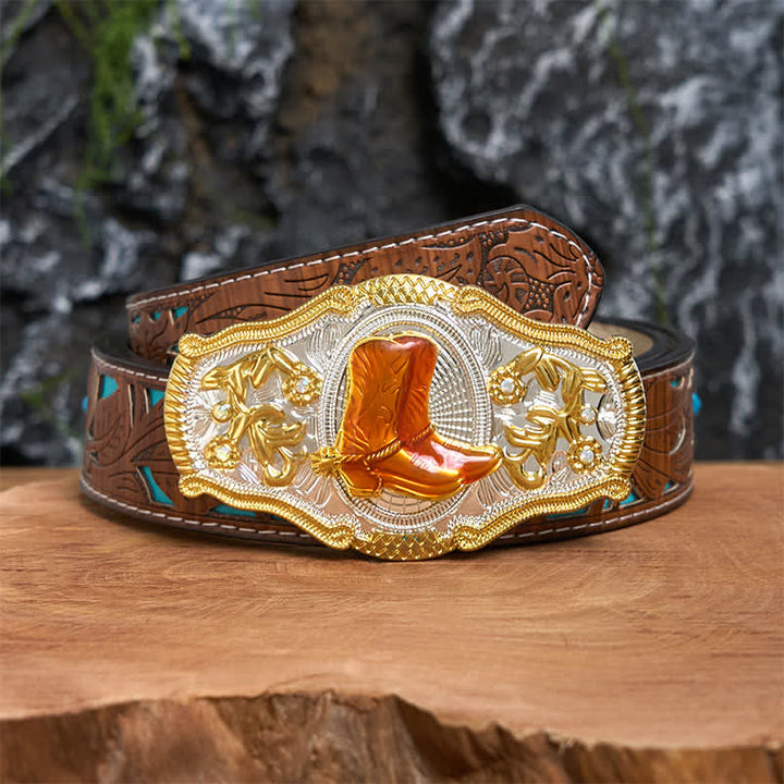 Gold & Orange Boots DIY West Large Buckle Leather Belt  - Boots - Turquoise Carved Belt - 42 - image 4