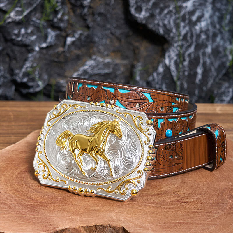 Golden Running Horse DIY Cowboy Buckle Leather Belt - Running Horse - Turquoise Carved Belt - 42 - image 4