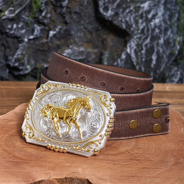 Golden Running Horse DIY Cowboy Buckle Leather Belt - Running Horse - Brown Distressed Belt - 42 - image 6