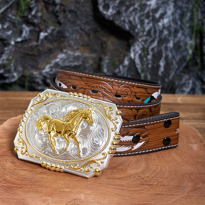 Golden Running Horse DIY Cowboy Buckle Leather Belt - Running Horse - Brown Feather Belt - 40 - image 8