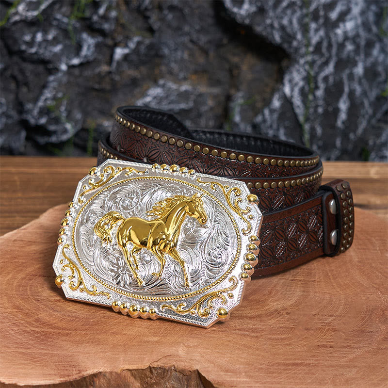 Golden Running Horse DIY Cowboy Buckle Leather Belt - Running Horse - Brown Rivet Belt - 42 - image 5
