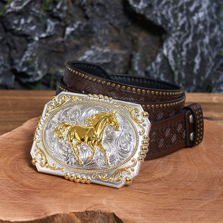 Golden Running Horse DIY Cowboy Buckle Leather Belt - Running Horse - Brown Rivet Belt - 42 - image 5