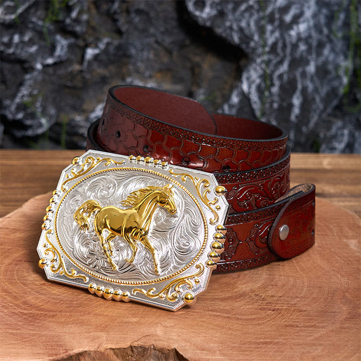 Golden Running Horse DIY Cowboy Buckle Leather Belt - Running Horse - Brown Carved Belt - 42 - image 6