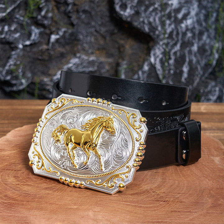 Golden Running Horse DIY Cowboy Buckle Leather Belt - Running Horse - Black Embossed Eagle Belt - 42 - image 1