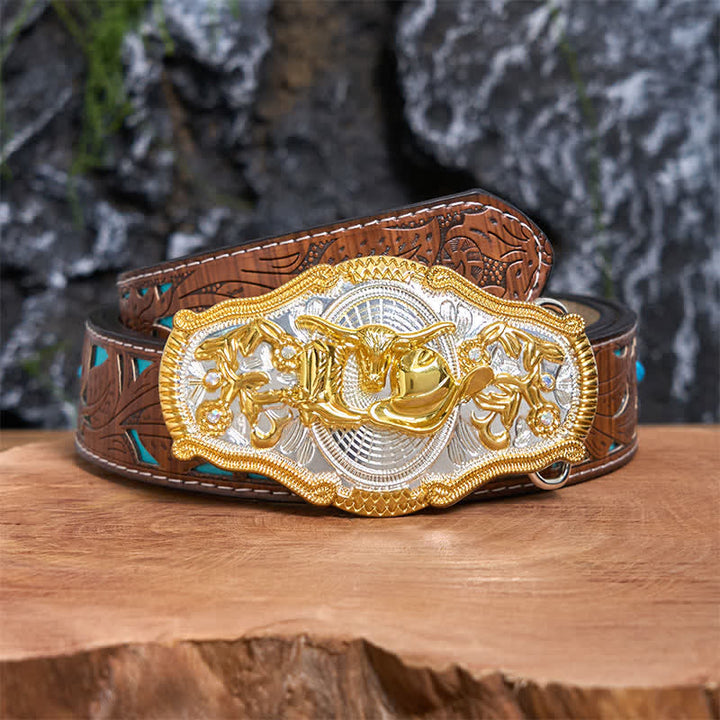 Golden Bull & Cowboy Hat DIY West Large Buckle Leather Belt  - Bull & Cowboy Hat - Turquoise Carved Belt - 42 - image 4