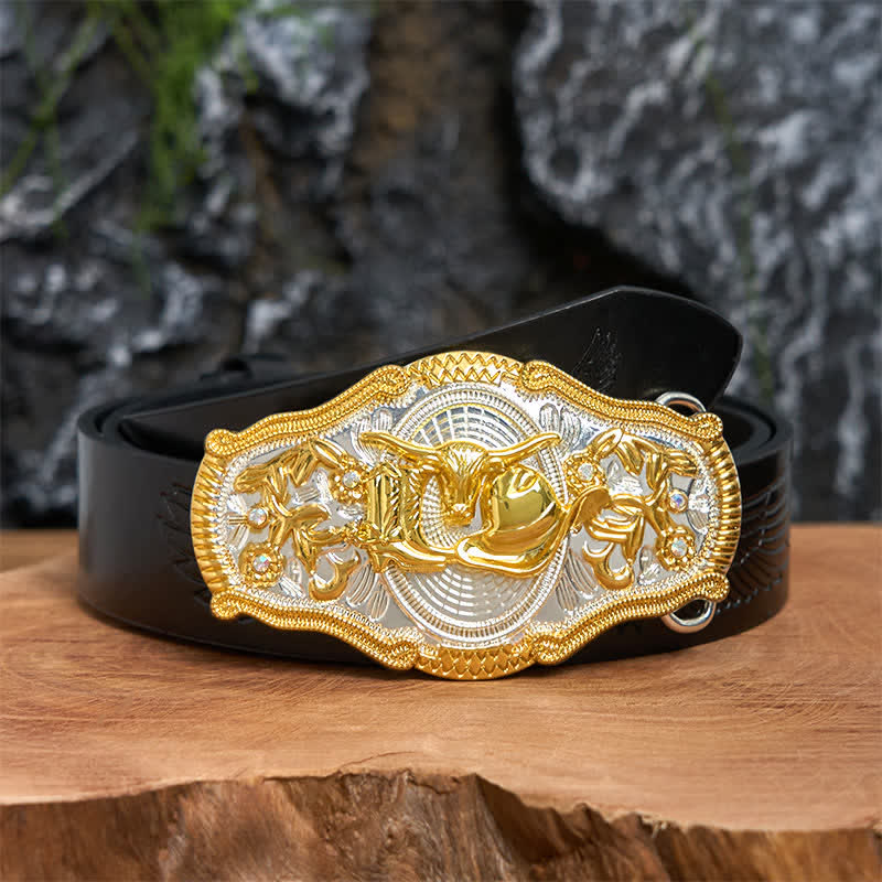 Golden Bull & Cowboy Hat DIY West Large Buckle Leather Belt  - Bull & Cowboy Hat - Black Embossed Eagle Belt - 42 - image 3