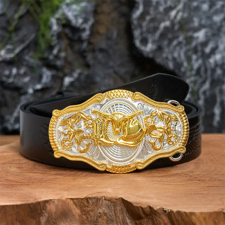 Golden Bull & Cowboy Hat DIY West Large Buckle Leather Belt  - Bull & Cowboy Hat - Black Embossed Eagle Belt - 42 - image 3