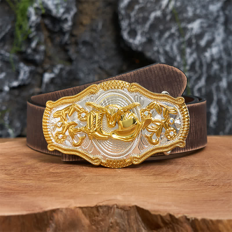 Golden Bull & Cowboy Hat DIY West Large Buckle Leather Belt  - Bull & Cowboy Hat - Brown Distressed Belt - 42 - image 6