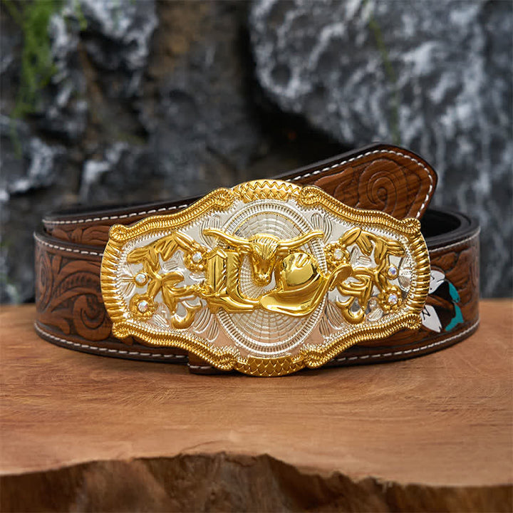 Golden Bull & Cowboy Hat DIY West Large Buckle Leather Belt  - Bull & Cowboy Hat - Brown Feather Belt - 40 - image 8