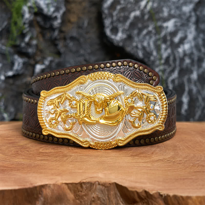 Golden Bull & Cowboy Hat DIY West Large Buckle Leather Belt  - Bull & Cowboy Hat - Brown Rivet Belt - 42 - image 5