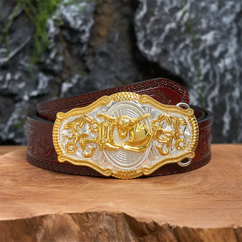 Golden Bull & Cowboy Hat DIY West Large Buckle Leather Belt  - Bull & Cowboy Hat - Brown Carved Belt - 42 - image 7