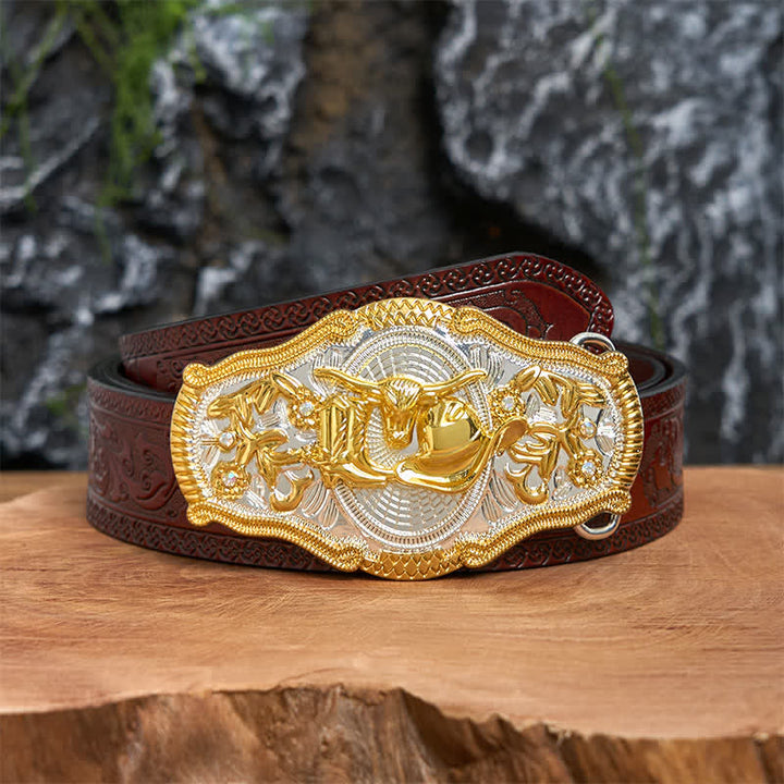 Golden Bull & Cowboy Hat DIY West Large Buckle Leather Belt  - Bull & Cowboy Hat - Brown Carved Belt - 42 - image 7