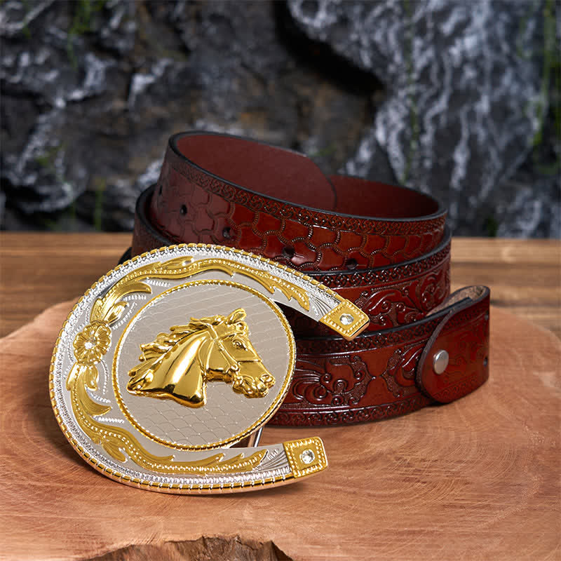 Large Horseshoe Shape DIY Western Buckle Leather Belt  - Horseshoe - Brown Carved Belt - 42 - image 7