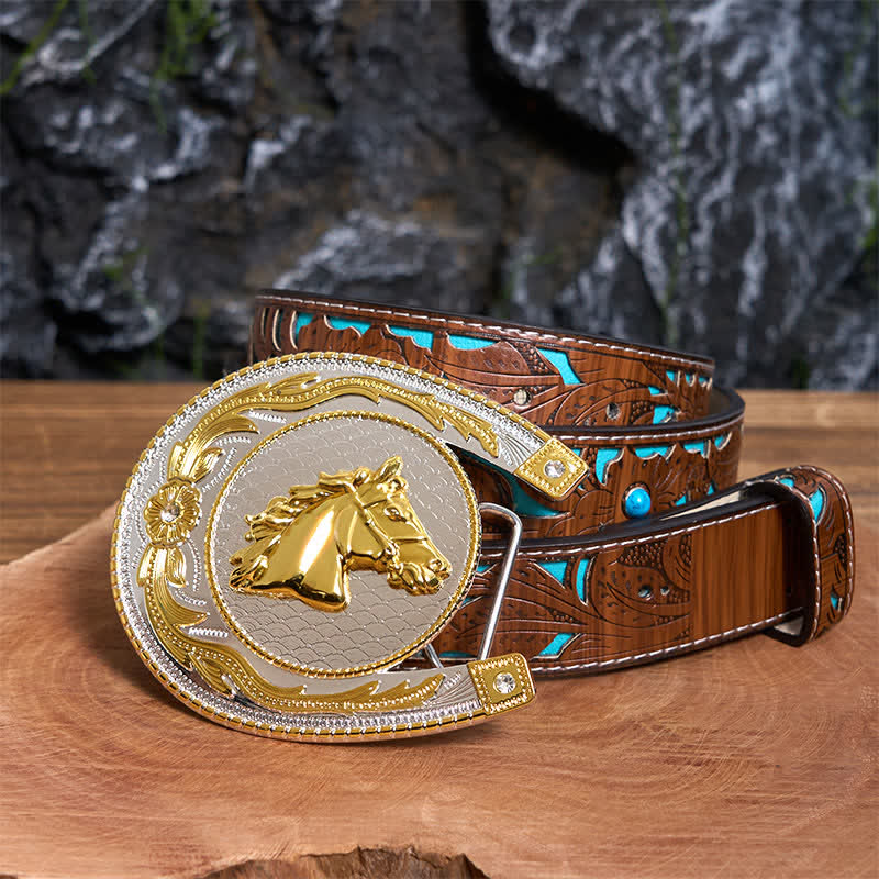 Large Horseshoe Shape DIY Western Buckle Leather Belt  - Horseshoe - Turquoise Carved Belt - 42 - image 4