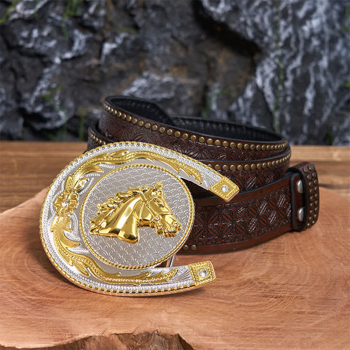 Large Horseshoe Shape DIY Western Buckle Leather Belt  - Horseshoe - Brown Rivet Belt - 42 - image 5