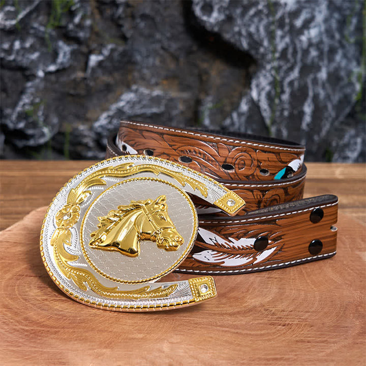 Large Horseshoe Shape DIY Western Buckle Leather Belt  - Horseshoe - Brown Feather Belt - 40 - image 8