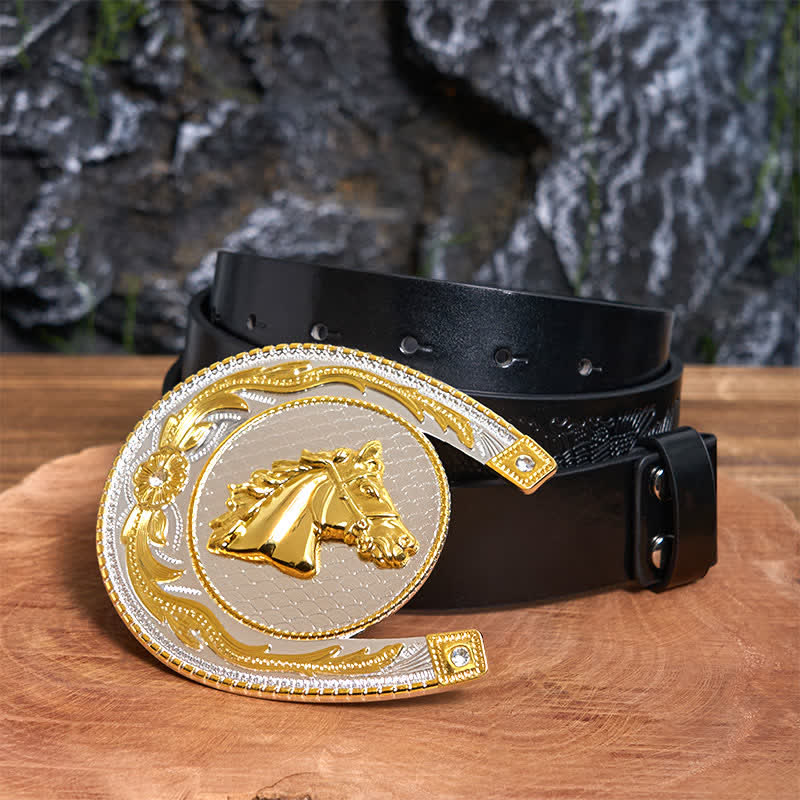 Large Horseshoe Shape DIY Western Buckle Leather Belt  - Horseshoe - Black Embossed Eagle Belt - 42 - image 3