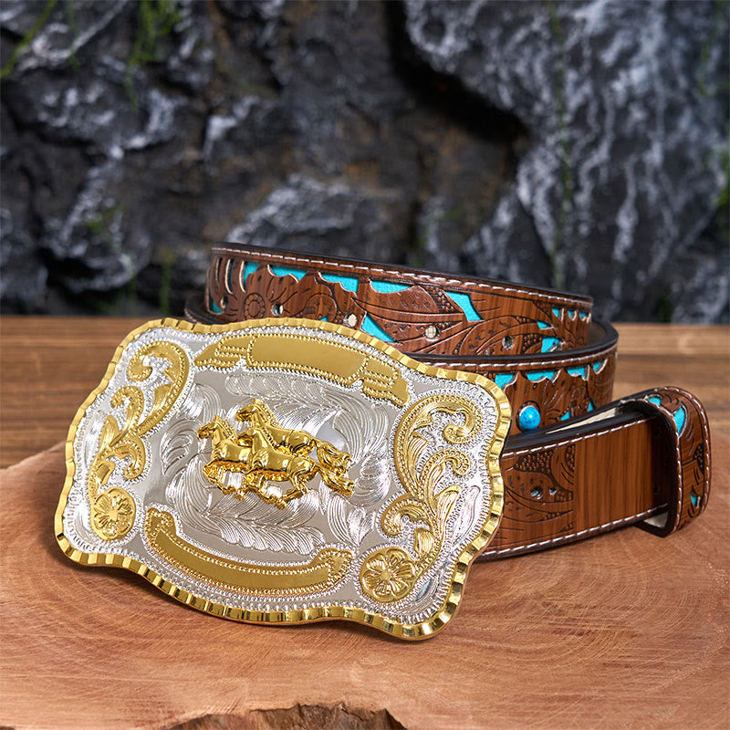 Three Galloping Horses DIY Cowboy Buckle Leather Belt - Three Galloping Horses - Turquoise Carved Belt - 42 - image 4