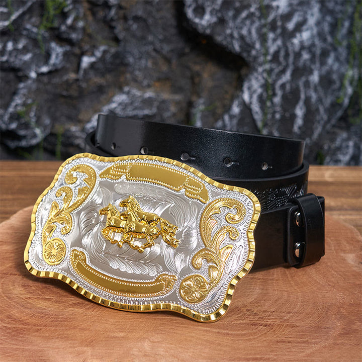 Three Galloping Horses DIY Cowboy Buckle Leather Belt - Three Galloping Horses - Black Embossed Eagle Belt - 42 - image 1