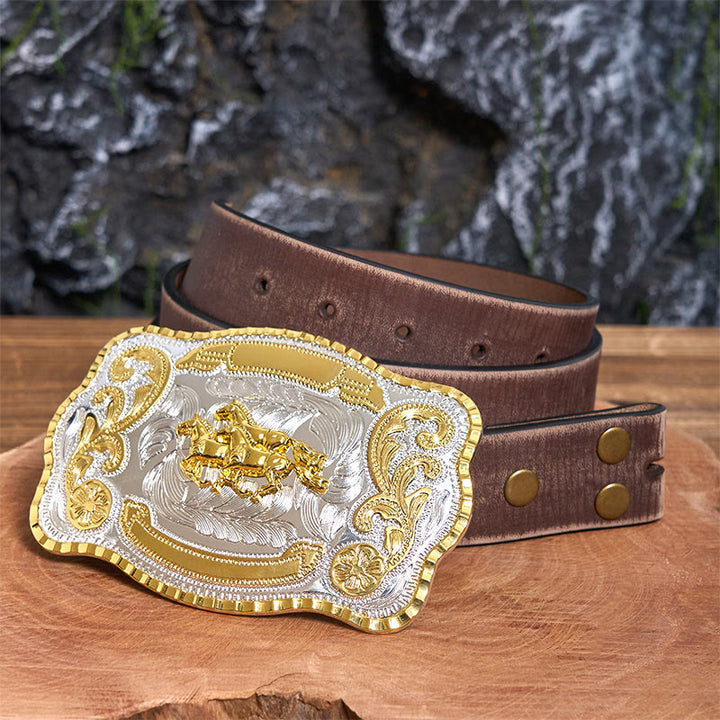 Three Galloping Horses DIY Cowboy Buckle Leather Belt - Three Galloping Horses - Brown Distressed Belt - 42 - image 6