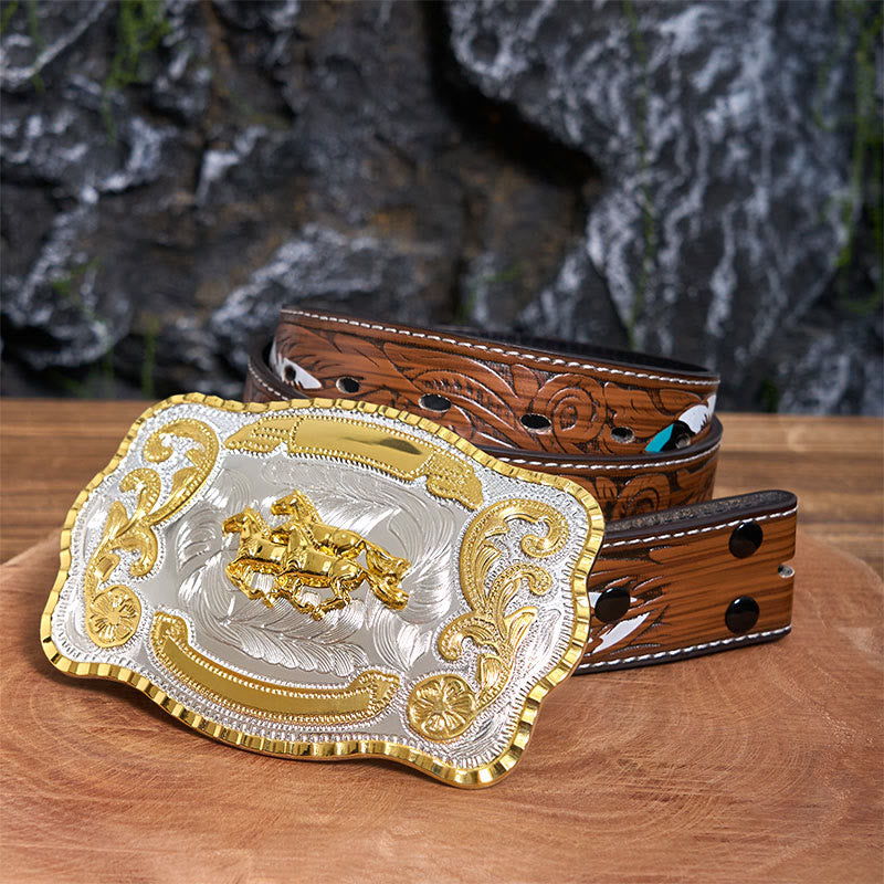 Three Galloping Horses DIY Cowboy Buckle Leather Belt - Three Galloping Horses - Brown Feather Belt - 40 - image 8
