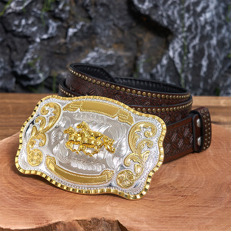 Three Galloping Horses DIY Cowboy Buckle Leather Belt - Three Galloping Horses - Brown Rivet Belt - 42 - image 5