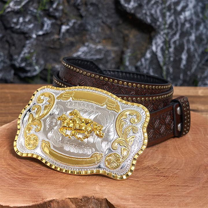 Three Galloping Horses DIY Cowboy Buckle Leather Belt - Three Galloping Horses - Brown Rivet Belt - 42 - image 5