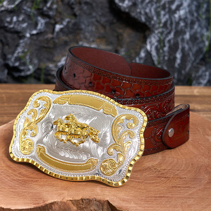 Three Galloping Horses DIY Cowboy Buckle Leather Belt - Three Galloping Horses - Brown Carved Belt - 42 - image 7