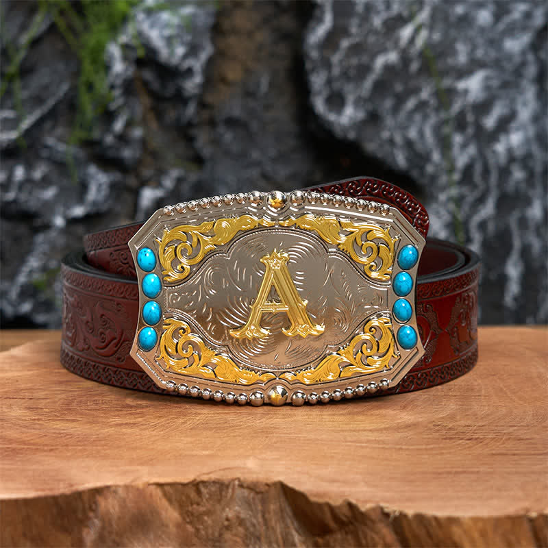 Decorative Turquoise DIY Initial Letter Buckle Leather Belt - A - Brown Carved Belt (40) - image 3