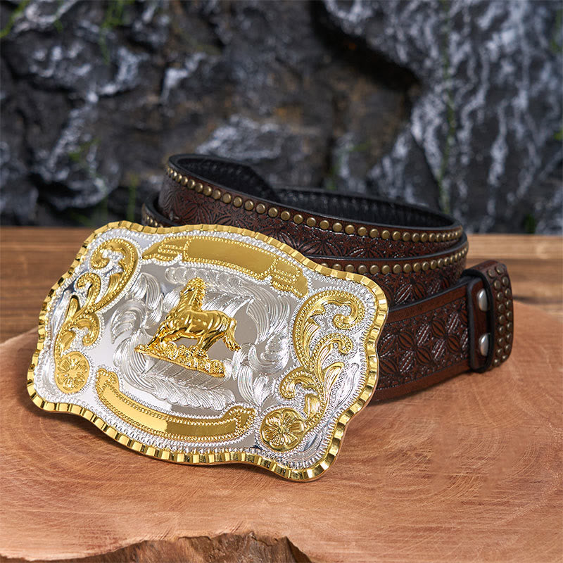 Golden Gallant Horse DIY Cowboy Buckle Leather Belt - Gallant Horse - Brown Rivet Belt - 42 - image 5