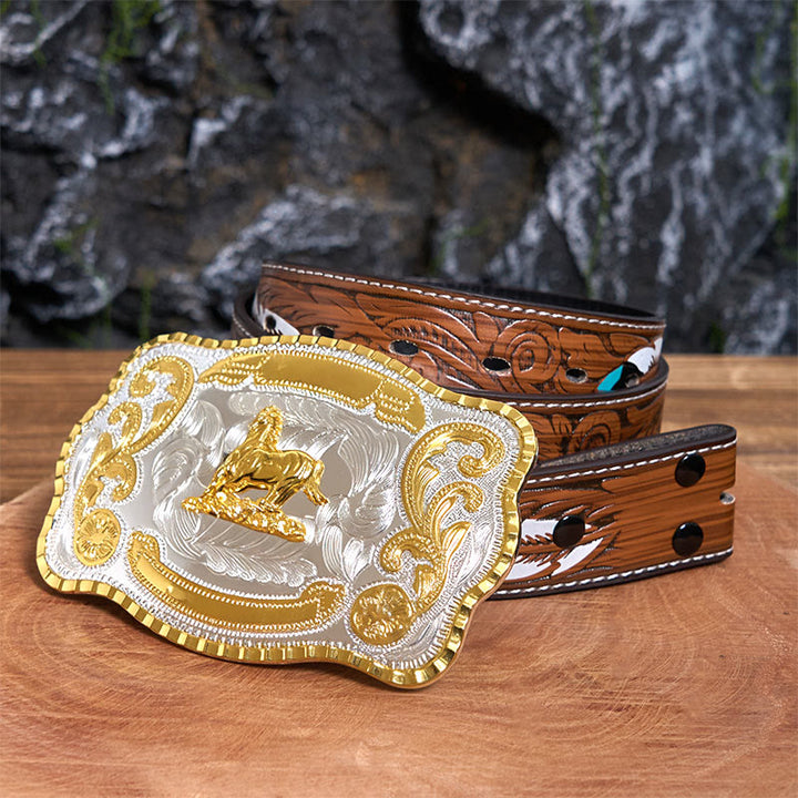 Golden Gallant Horse DIY Cowboy Buckle Leather Belt - Gallant Horse - Brown Feather Belt - 40 - image 8