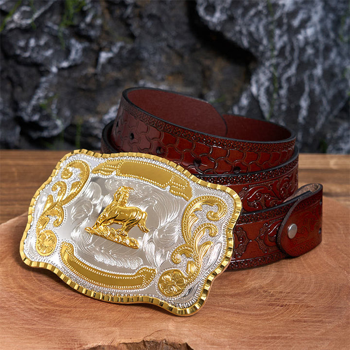 Golden Gallant Horse DIY Cowboy Buckle Leather Belt - Gallant Horse - Brown Carved Belt - 42 - image 7