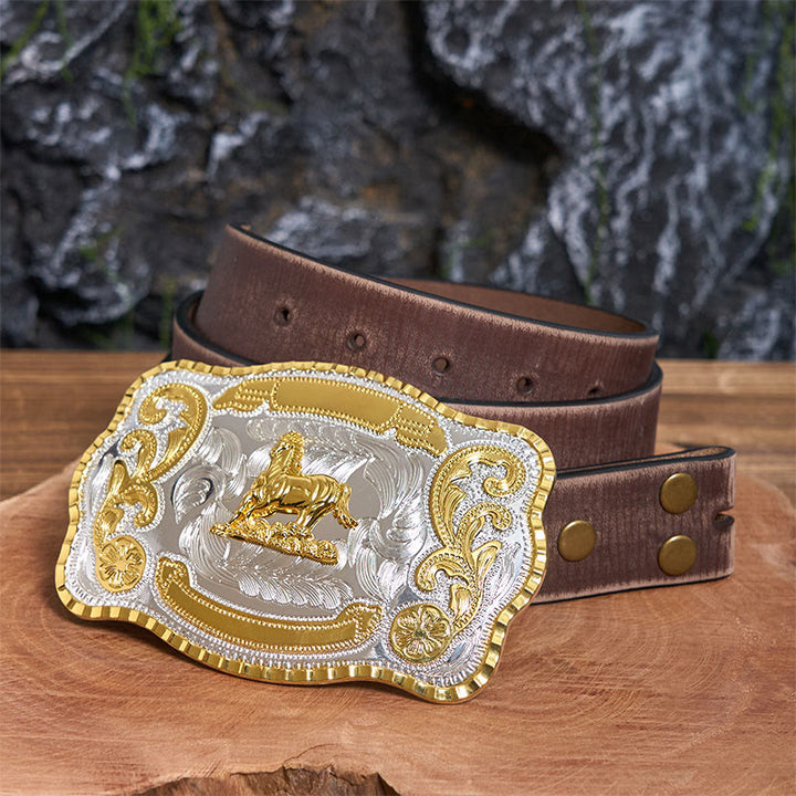 Golden Gallant Horse DIY Cowboy Buckle Leather Belt - Gallant Horse - Brown Distressed Belt - 42 - image 6