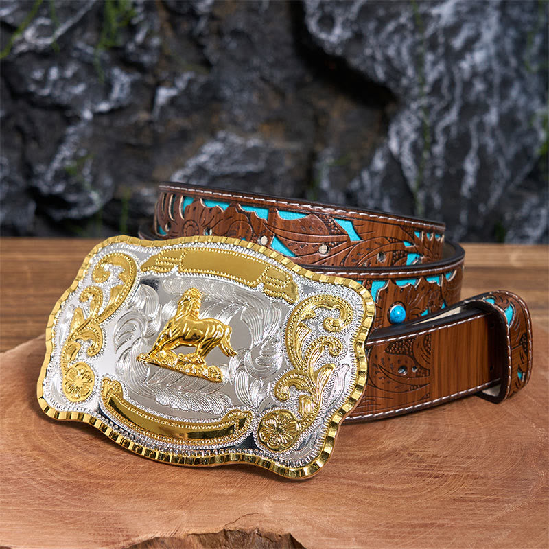 Golden Gallant Horse DIY Cowboy Buckle Leather Belt - Gallant Horse - Turquoise Carved Belt - 42 - image 4