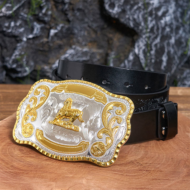 Golden Gallant Horse DIY Cowboy Buckle Leather Belt - Gallant Horse - Black Embossed Eagle Belt - 42 - image 1