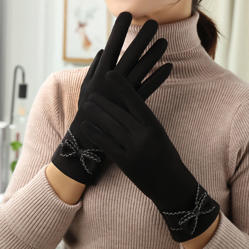 Women's Cute Bow Knot Full Finger Cover Gloves - Black - image 8
