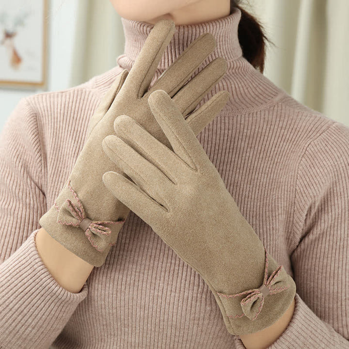 Women's Cute Bow Knot Full Finger Cover Gloves - Khaki - image 0