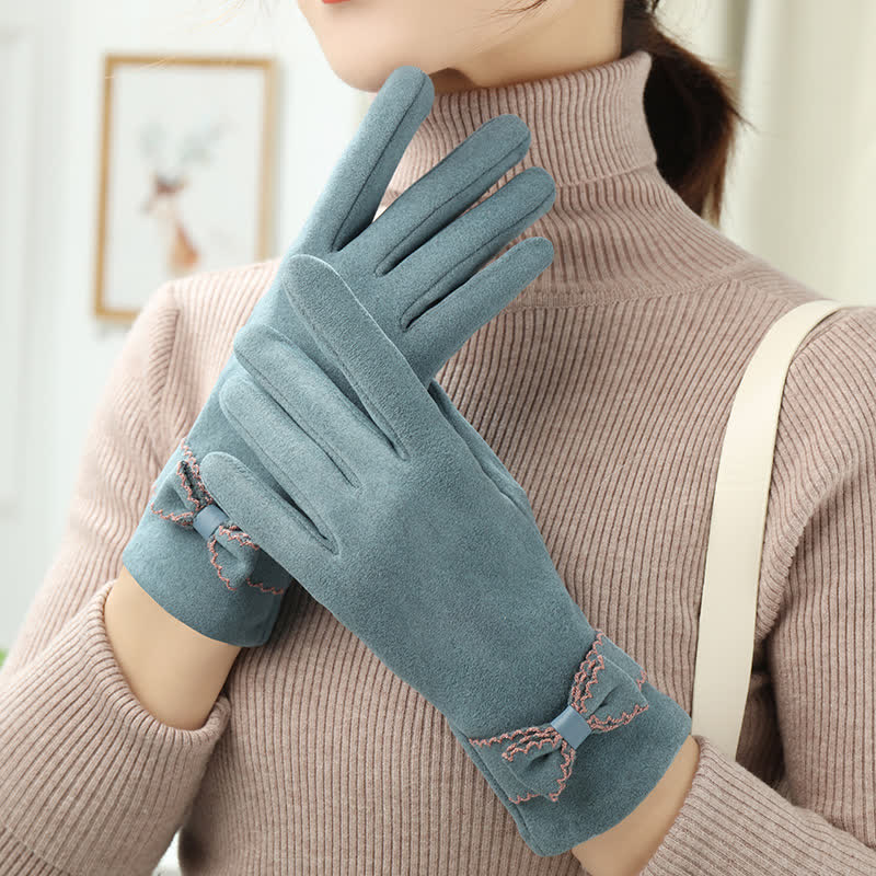 Women's Cute Bow Knot Full Finger Cover Gloves - Lake Blue - image 10