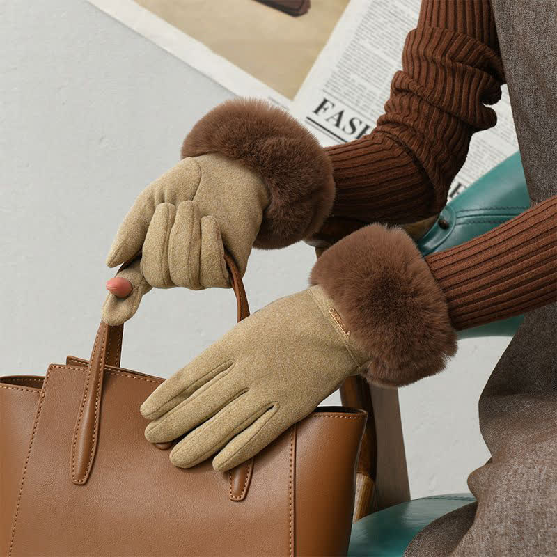 Women's Warmer Plush Fluffy Wrist Touch Screen Gloves - Khaki - image 2